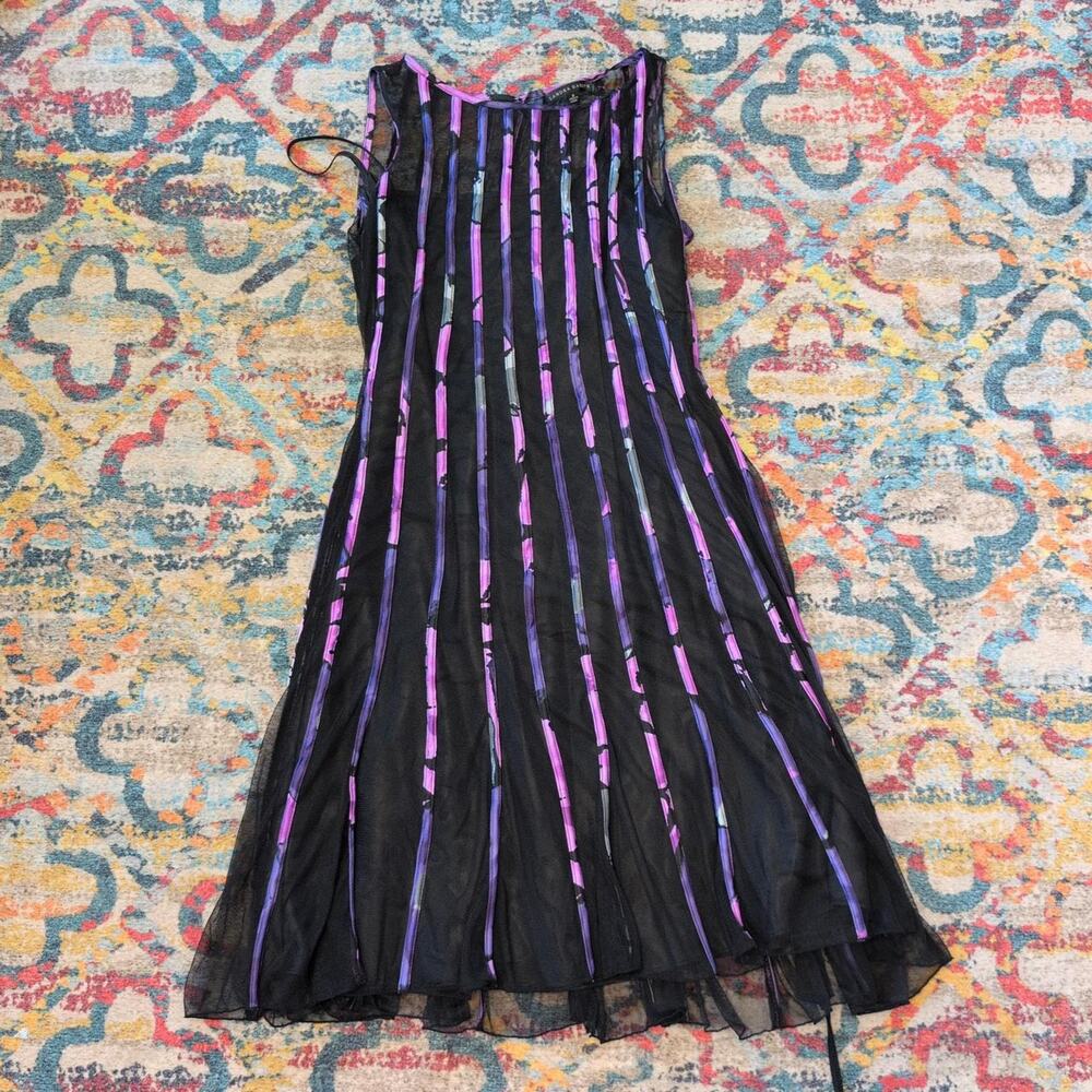 Sandra Darren black purple striped mesh dress size 8